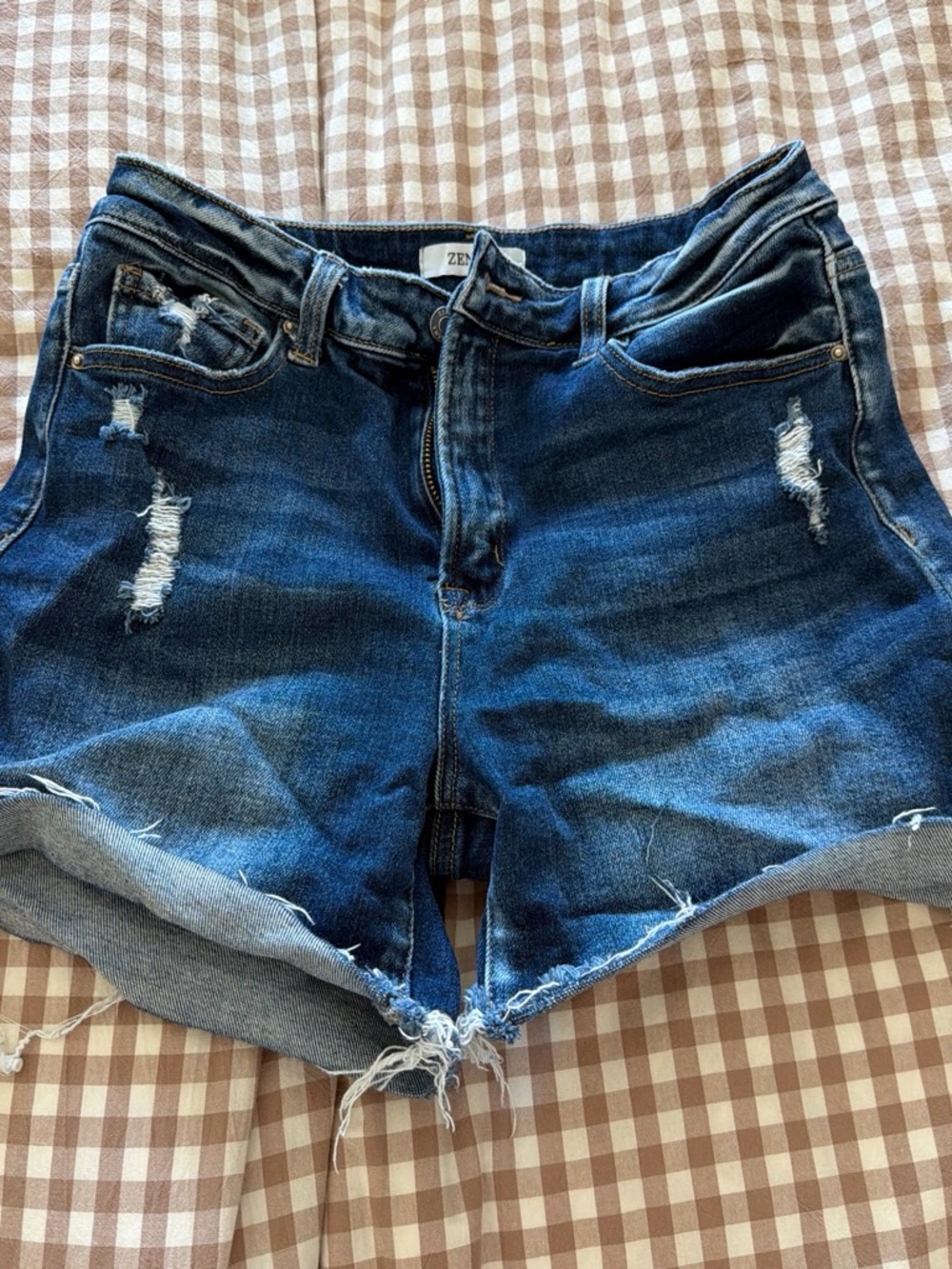 Zenana Outfitters Dark Blue Distressed Denim Cutoff Shorts